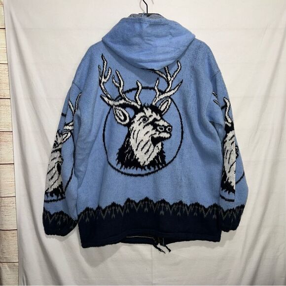 Vintage Wool Hooded Full Zip Sweatshirt Men’s XL Blue & Black With Elk - Picture 8 of 10